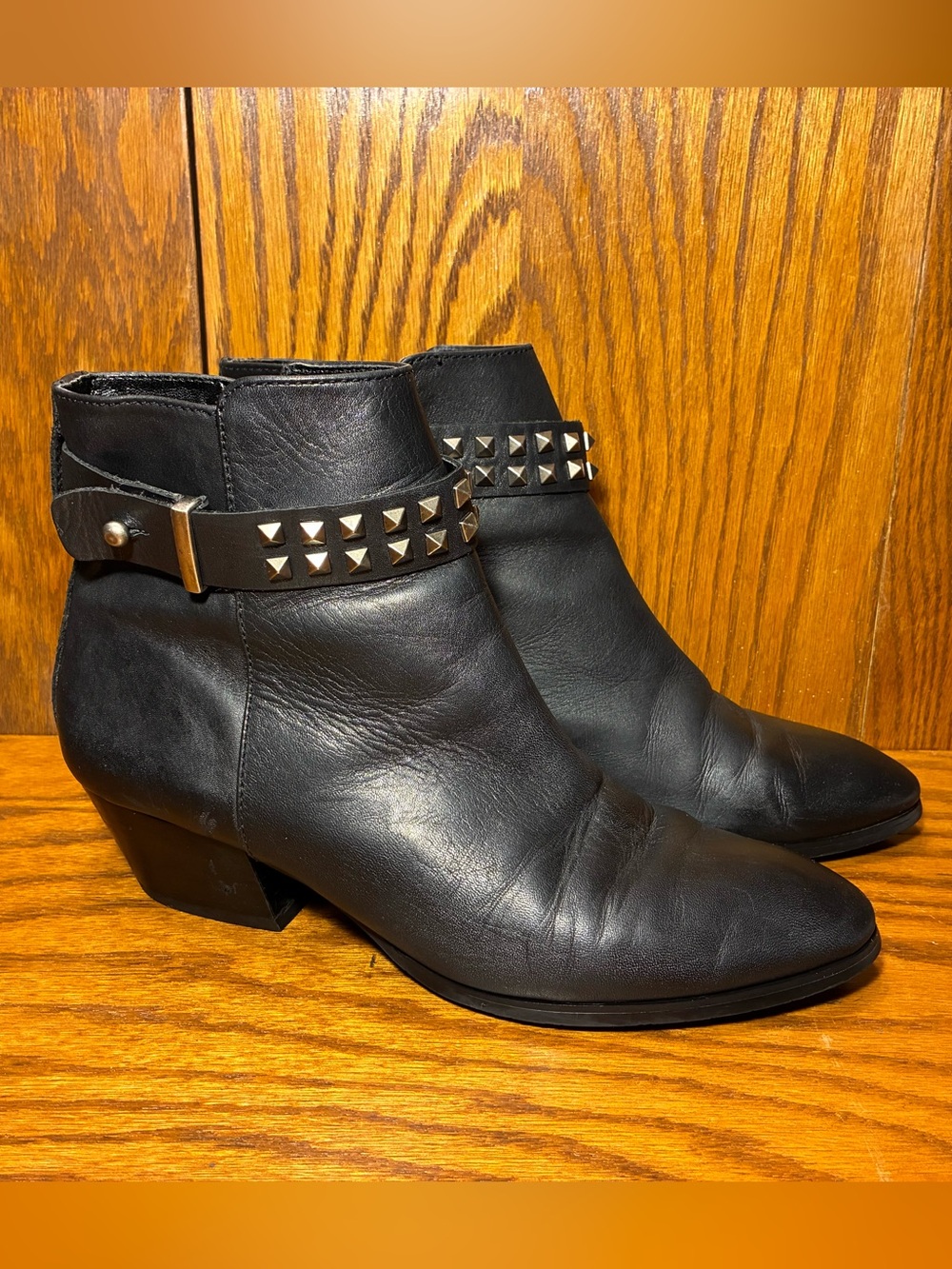 Franco Sarto Studded Harness Ankle Boots Black Leather Size 7.5